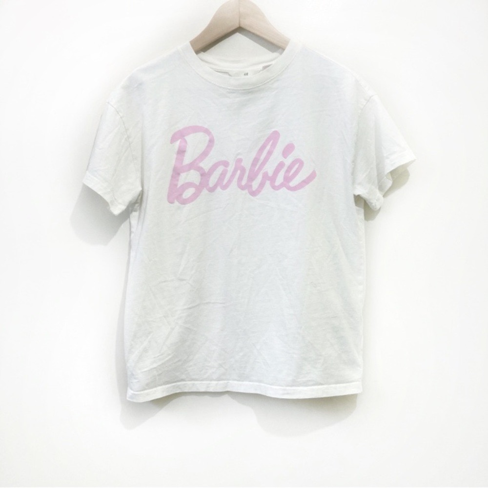 H&M Barbie Logo T-Shirt Size XS Cream Pink Loose Fit